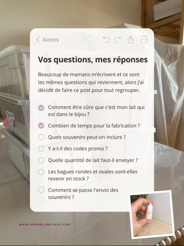 Ces questions reviennent souvent, alors autant y répondre avec un joli post. ⁠
Étiquetage, délais de fabrication, quantité de lait nécessaire, ce qui peut être inclus dans un bijou….⁠
⁠
Tout est dans ce carrousel.⁠
Une autre question avant de te lancer ? Écris-moi en DM 💜⁠
⁠
⁠
Portez vos souvenirs près du coeur 💕⁠
⁠
Modèles déposés ®️⁠
⁠
Hello, moi c’est Mélane et je transforme tes souvenirs en bijou et broderies⁠
⁠
🤍 Bijoux contenant ton lait maternel pour un beau souvenir de ton allaitement, fleurs séchées de bouquet de mariée, sable, cendres, terre, cordon ombilical… les possibilités sont infinies ! Créons ensemble ton bijou souvenir, lien en bio !⁠
⁠
💜 Broderies souvenirs avec les vêtements de bébé, de personnes qui nous ont quittées, des sweats à porter et reporter pour afficher fièrement son histoire de vie, lien en bio !⁠
⁠
[ allaitement - Parentalité - maternité - motherhood - tétées - lait maternel - bijoux - souvenirs - bébé - enfant - toddler - newborn - nourrisson - infant - bijou au lait maternel - mode bébé- vêtements souvenirs - bébé 2026 ]⁠
⁠
#allaitement #bébé2026  #parentalité #futuremaman #bébéenroute